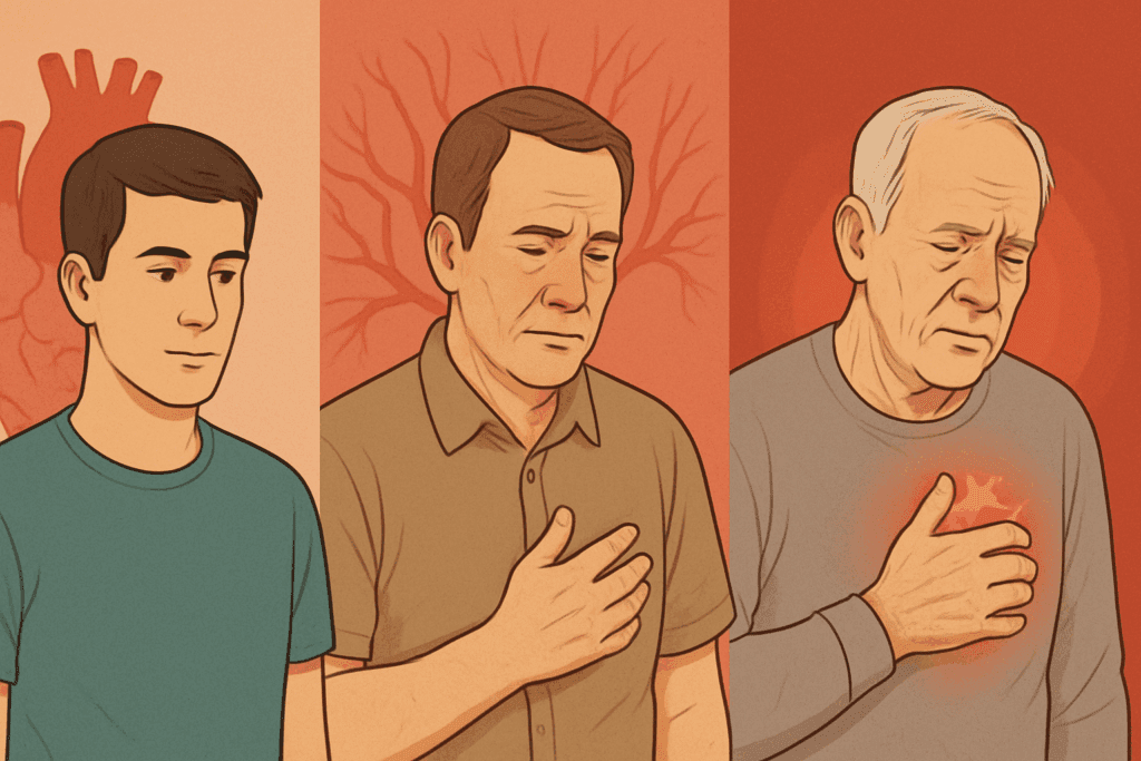 Illustration of a man aging from young adulthood to old age, showing increased cardiovascular strain to depict the average age to start blood pressure medication.