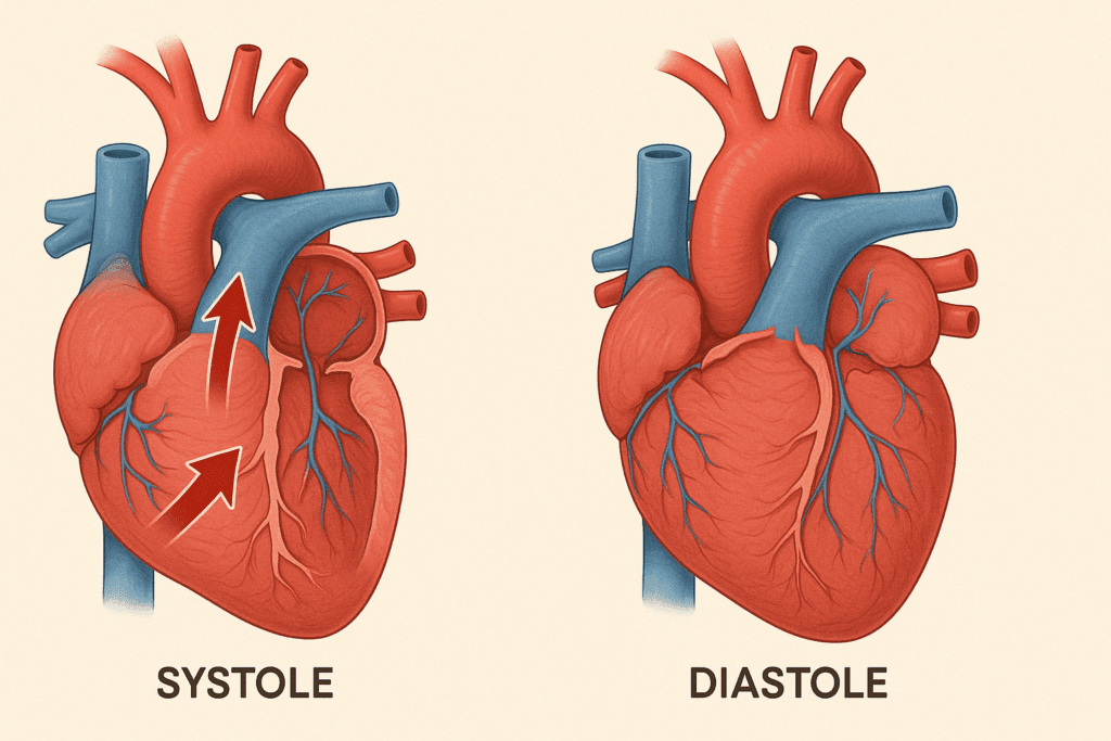 Anatomical diagram showing the heart during systole and diastole phases, illustrating blood flow to help explain what does a BP bottom number of 122 mean.
