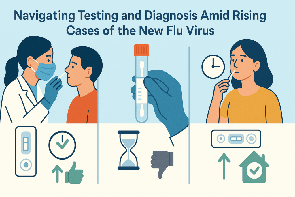 Infographic comparing three test methods for the new flu virus using visuals of clinical, lab, and at-home diagnostics with symbolic icons for speed and accuracy
