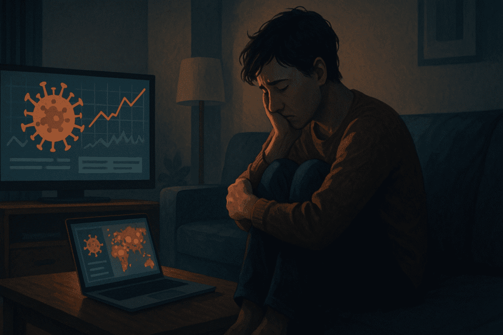 Person sitting alone on a couch looking anxious, with screens in the background showing data visualizations related to the new flu virus.