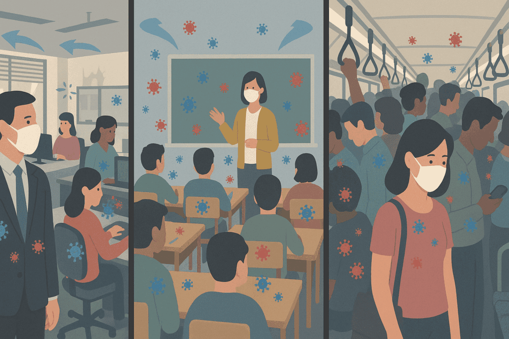 Illustration of how the new flu virus spreads in crowded indoor spaces like offices, classrooms, and public transit with poor ventilation