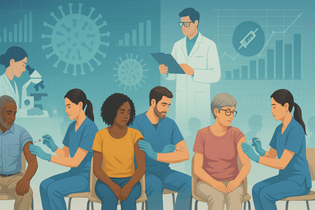 Diverse individuals receiving flu vaccinations in a clinic setting, with scientists in the background analyzing virus data—highlighting medical preparedness for the new flu virus.