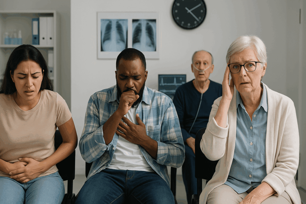 Diverse patients in a clinic showing early symptoms of the new flu virus, including nausea, coughing, and confusion