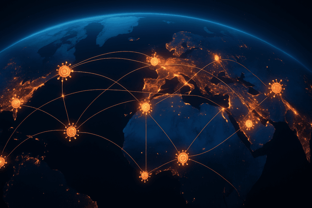 High-altitude view of Earth at night showing glowing international travel routes and global transmission nodes of the new flu virus.