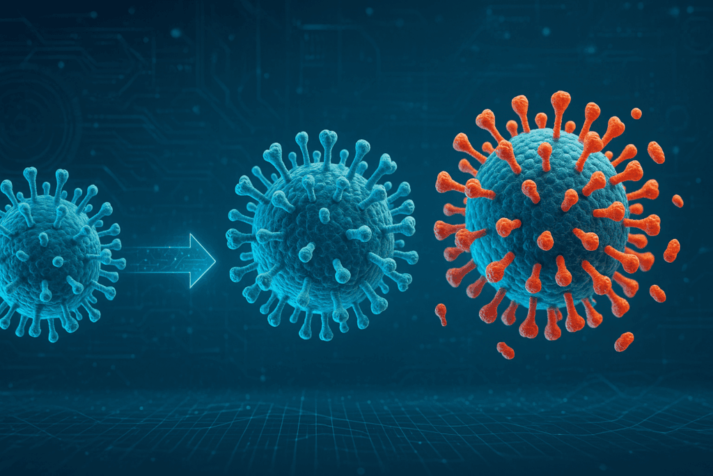 Scientific illustration of the new flu virus undergoing antigenic drift and shift, showing evolving surface proteins in a digital biotech setting.