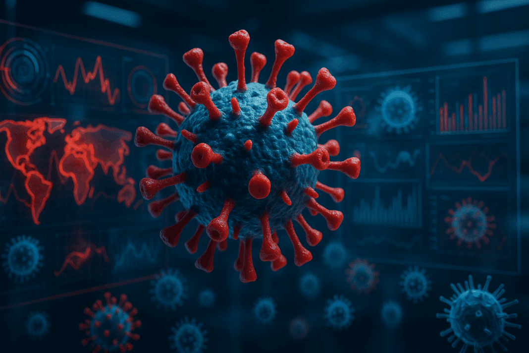 Mutated new flu virus particle surrounded by digital data charts and microscopic cells in a high-tech clinical lab setting