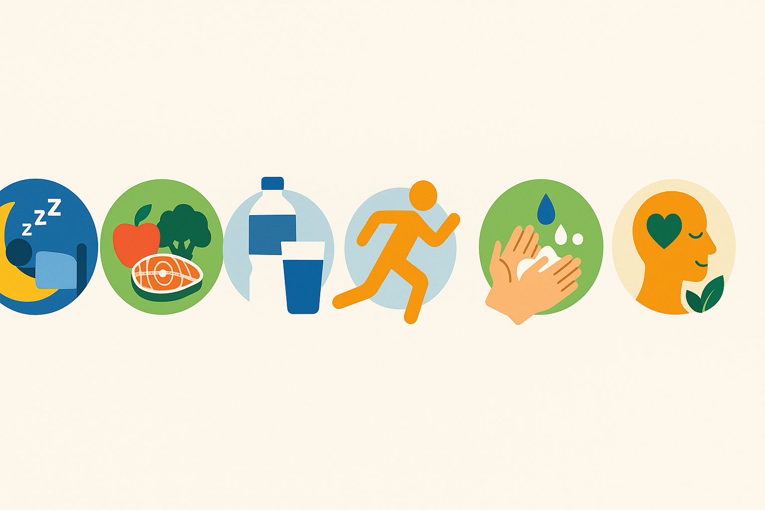 Flat-style infographic illustrating how can you prevent getting sick with icons for sleep, nutrition, hydration, exercise, handwashing, mental wellness, and clean living