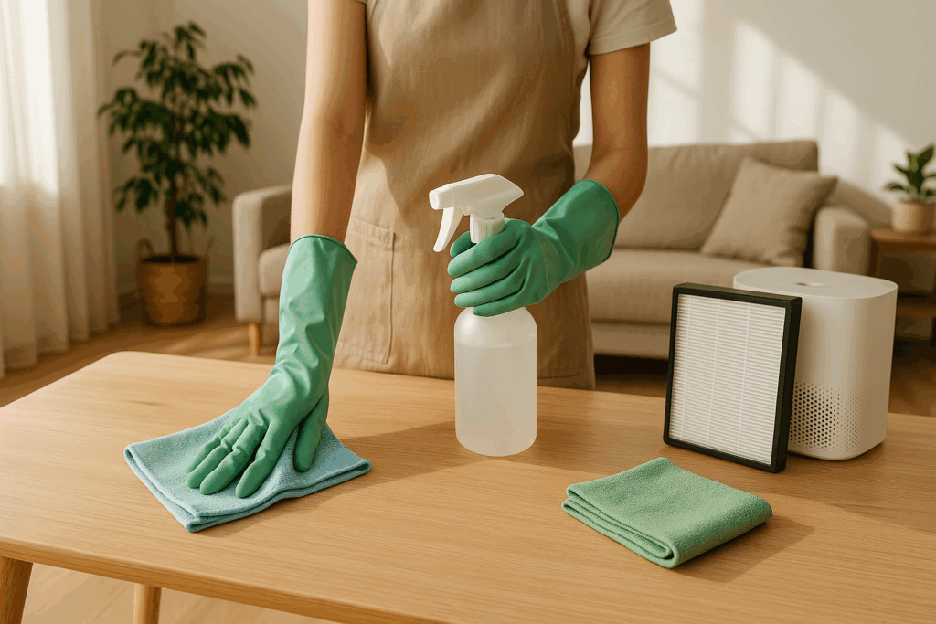Person cleaning a sunlit minimalist living room with eco-friendly supplies, illustrating how can you prevent getting sick through a clean environment.