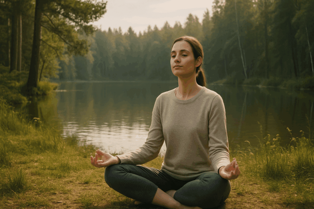 Person meditating by a calm forest lake, practicing stress relief—a key strategy in how can you prevent getting sick.