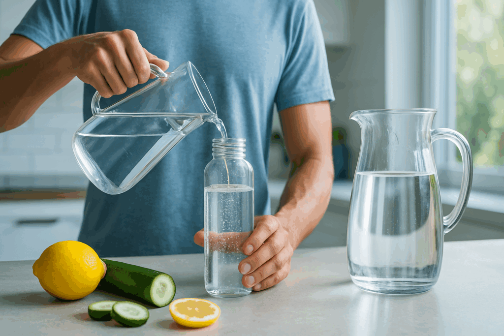 Healthy adult pouring water into a clear bottle beside lemon and cucumber slices, promoting hydration as a tip on how can you prevent getting sick.