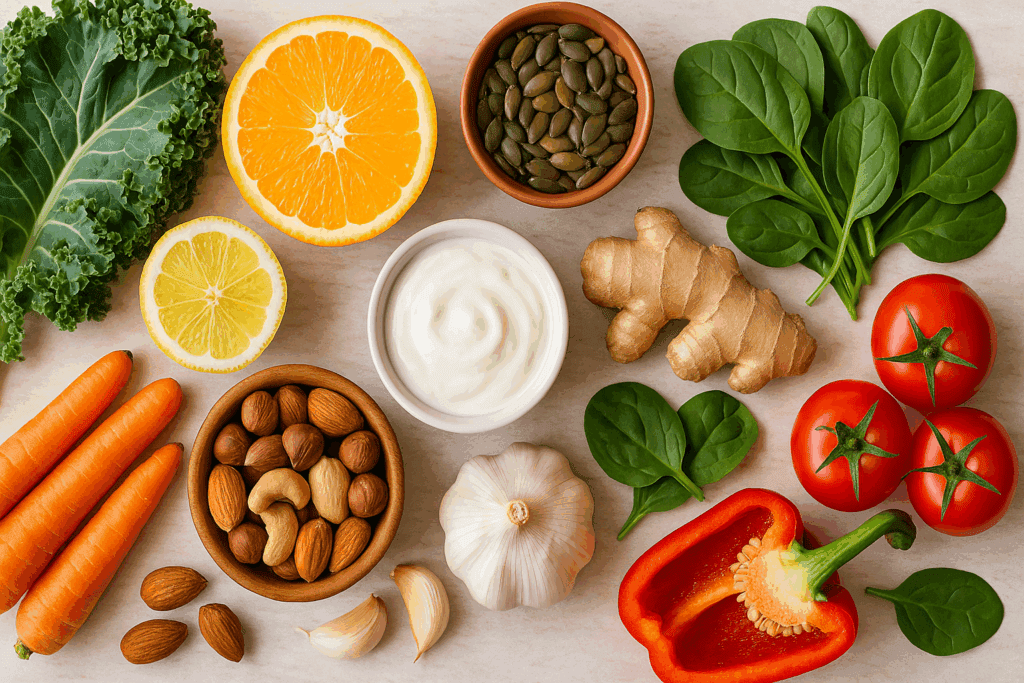 Overhead view of immunity-boosting foods like citrus fruits, leafy greens, yogurt, garlic, and ginger arranged to illustrate how can you prevent getting sick