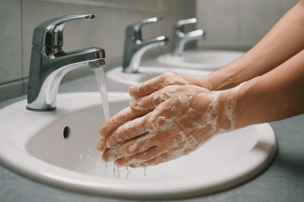 Person washing hands with soap under running water in a public restroom sink, showing how can you prevent getting sick through hand hygiene