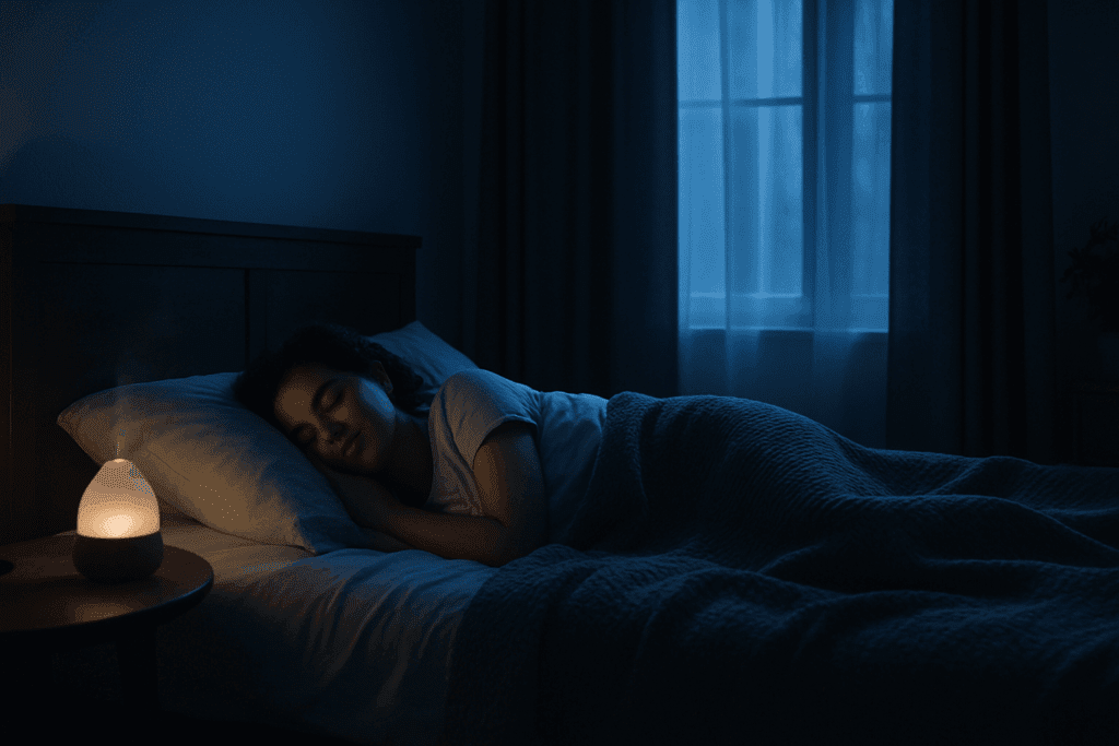 Peacefully sleeping woman in a dark, moonlit bedroom with healthy sleep habits, illustrating how can you prevent getting sick through rest.