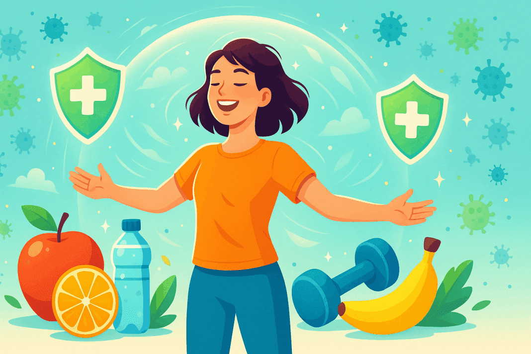 Healthy woman surrounded by fruits, water, dumbbells, and immunity shields in a wellness bubble, illustrating how can you prevent getting sick.