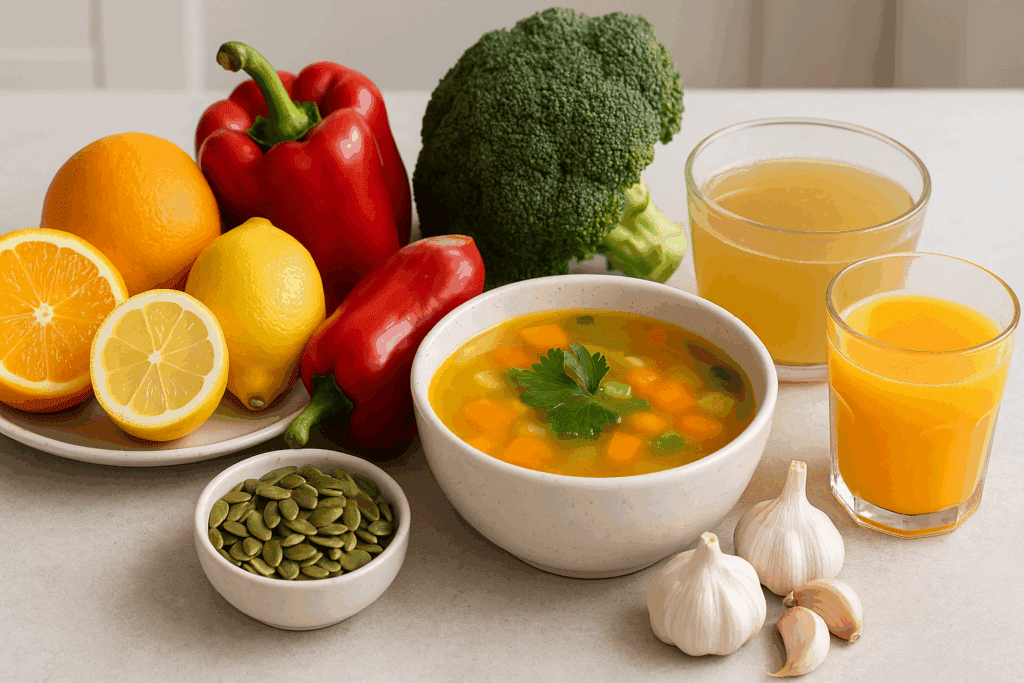 Citrus fruits, garlic, bell peppers, broccoli, bone broth, soup, and juice arranged on a kitchen counter for natural flu relief.