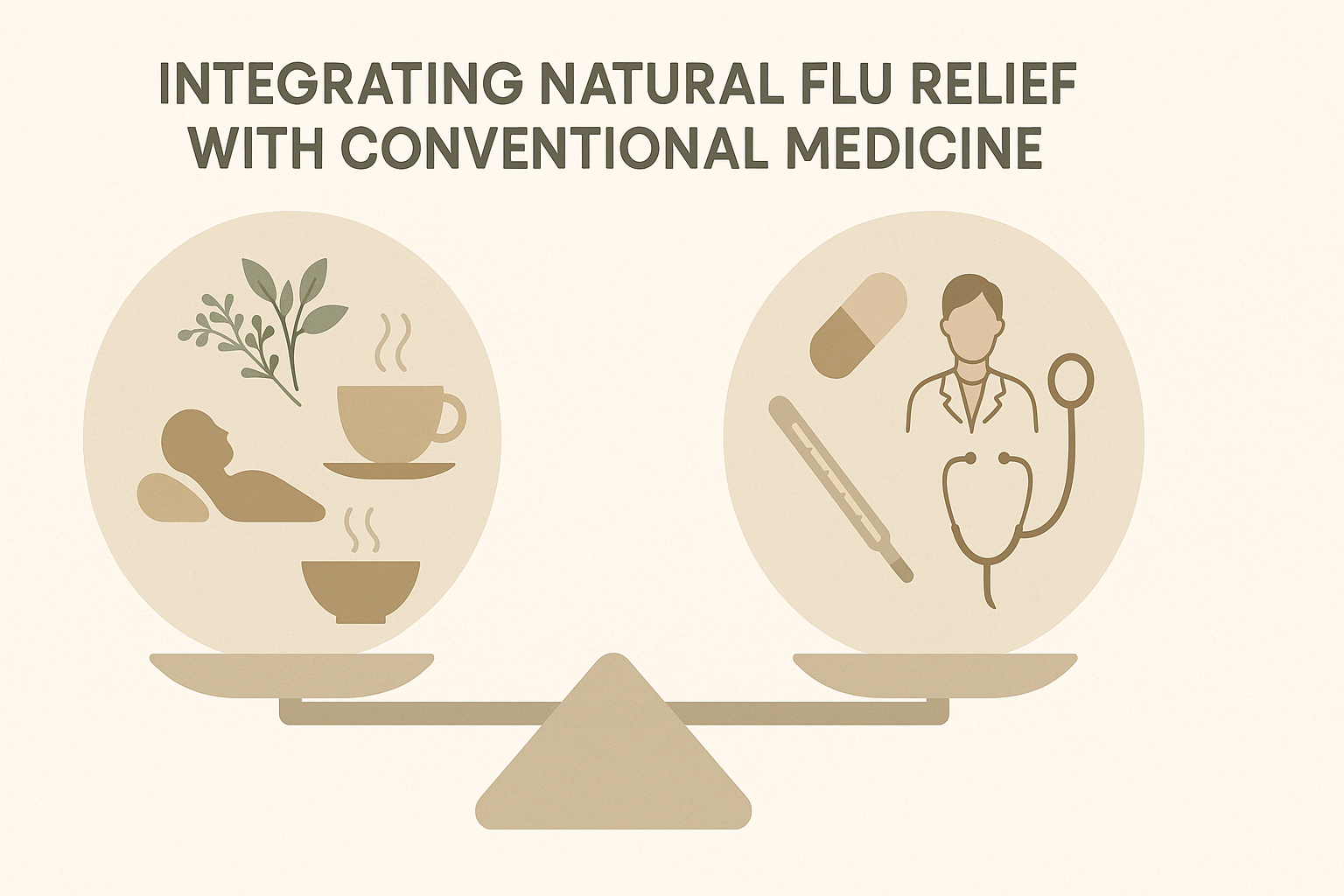 Balanced scale infographic showing natural flu relief methods like herbs and tea on one side and conventional medicine like pills and stethoscope on the other.