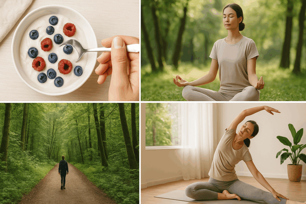 Daily habits for natural flu relief including a yogurt bowl with berries, outdoor meditation, forest walking, and indoor yoga stretch.