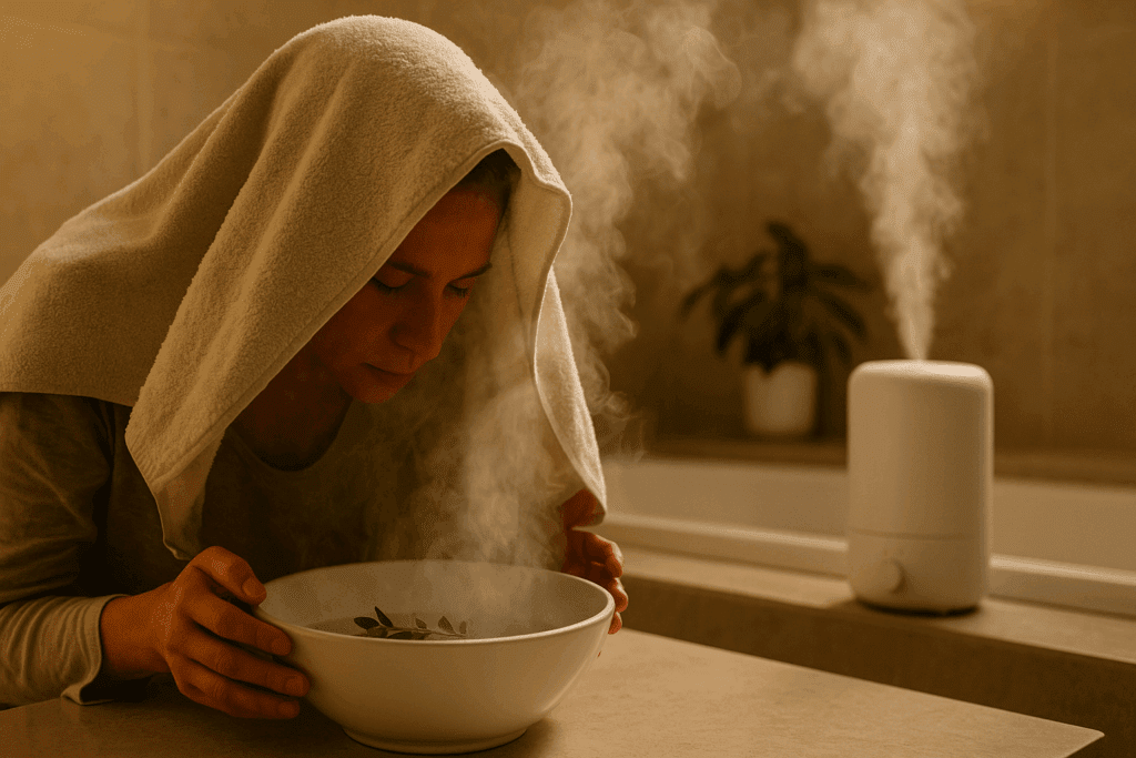 Person using steam inhalation with eucalyptus for natural flu relief in a warm bathroom, humidifier mist visible in background.