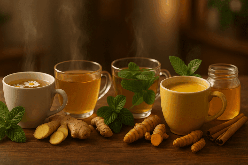 Steaming cups of chamomile, ginger, peppermint tea, and turmeric golden milk on a wooden table with fresh herbs and honey, representing natural flu relief.
