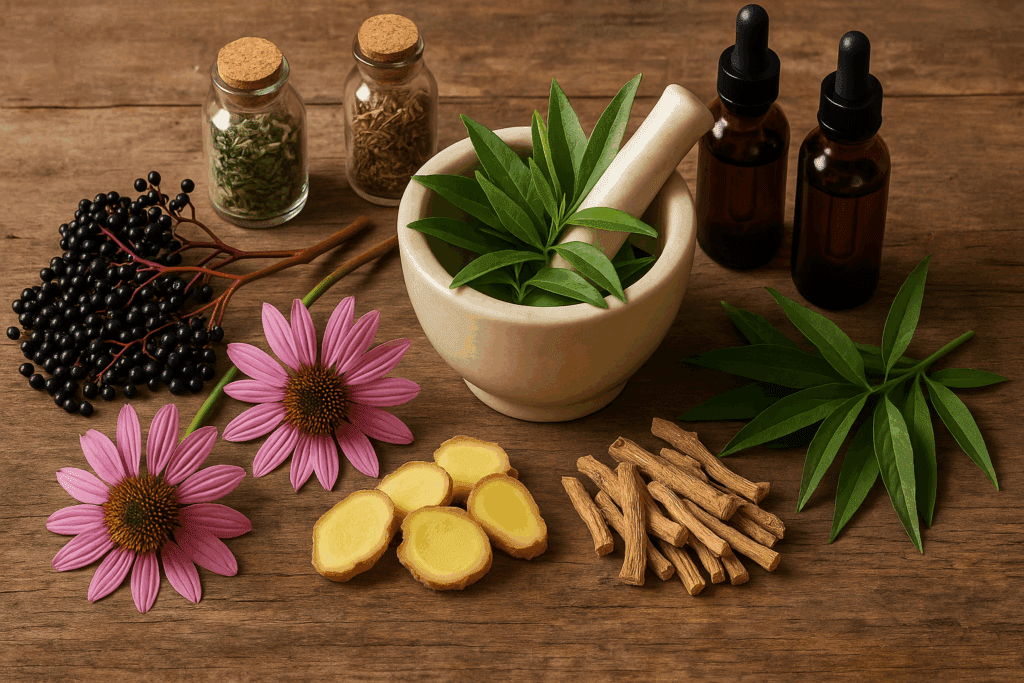 Flat-lay of elderberries, echinacea, licorice root, ginger, and andrographis with tinctures and mortar on wood table for natural flu relief