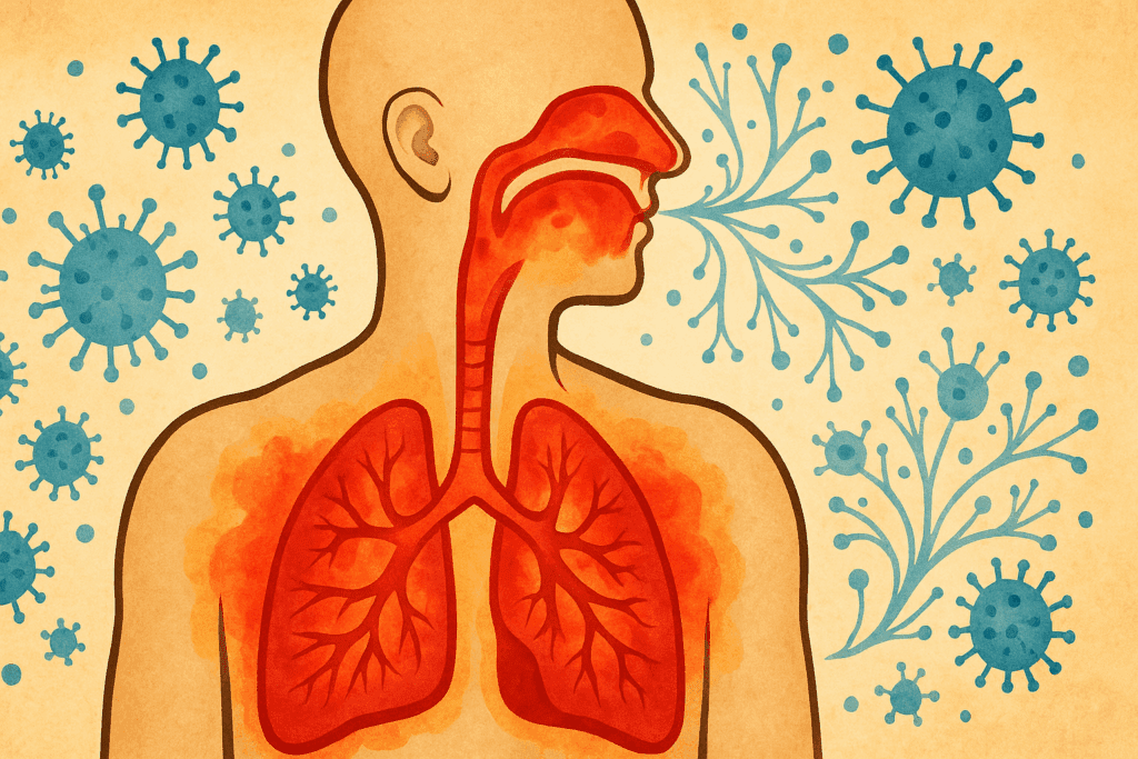 Illustration of inflamed human respiratory system showing lungs, throat, and nasal passages under viral attack, supporting natural flu relief education.