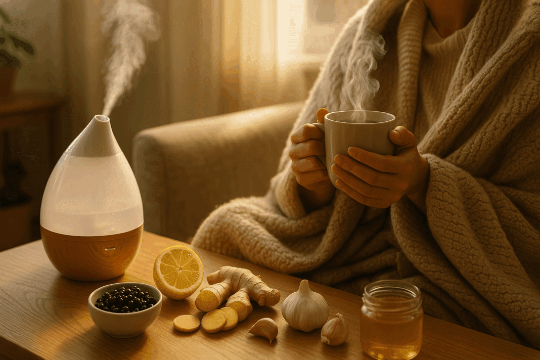 Person wrapped in a cozy blanket sipping herbal tea beside elderberries, lemon, garlic, ginger, and a humidifier for natural flu relief.