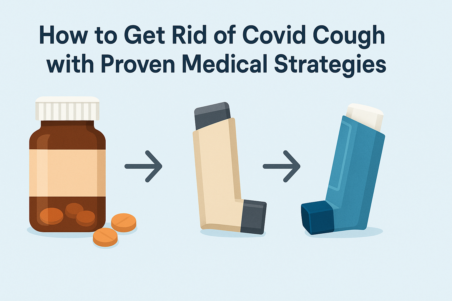 Infographic showing three-step covid cough relief methods with visuals of a pill bottle, a tan inhaler, and a blue bronchodilator inhaler.