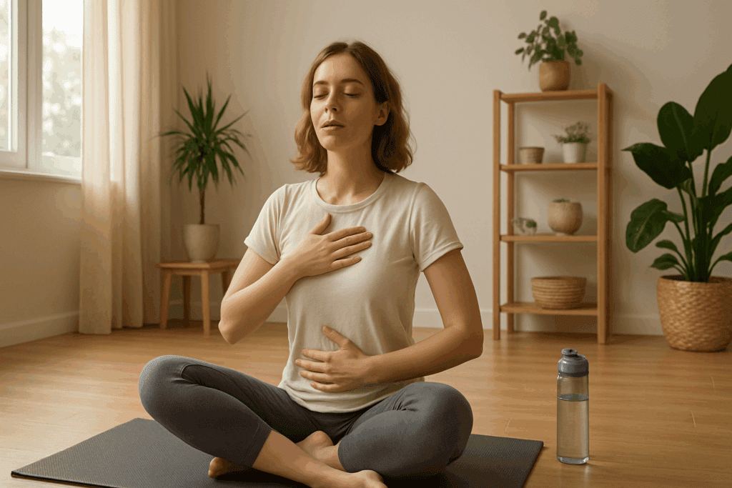 Woman practicing deep breathing exercises on a yoga mat in a sunlit room with houseplants, promoting covid cough relief.