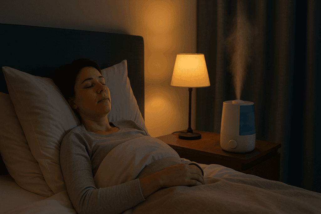Woman lying in bed with elevated pillows and bedside humidifier for nighttime covid cough relief in a dimly lit bedroom.