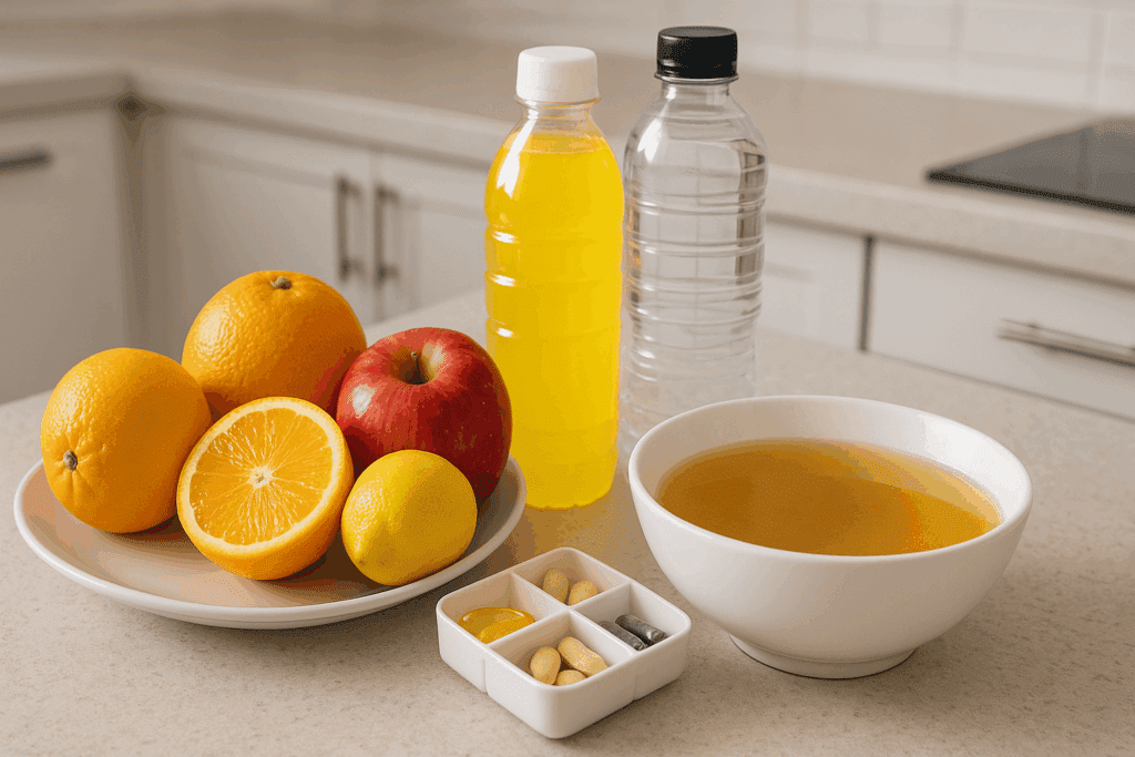 Nutritious meal setup for covid cough relief with warm broth, vitamin-rich fruits, electrolyte drinks, supplements, and water in a bright kitchen.