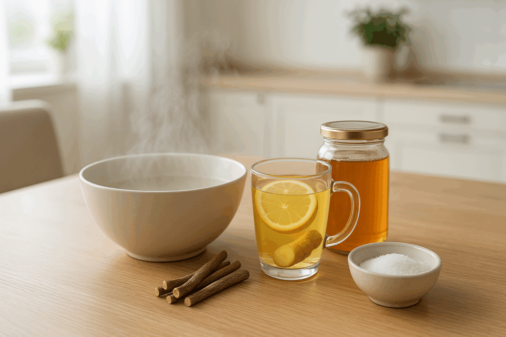 Natural covid cough relief setup with herbal tea, honey, ginger, licorice root, salt, and steaming water on a kitchen table.