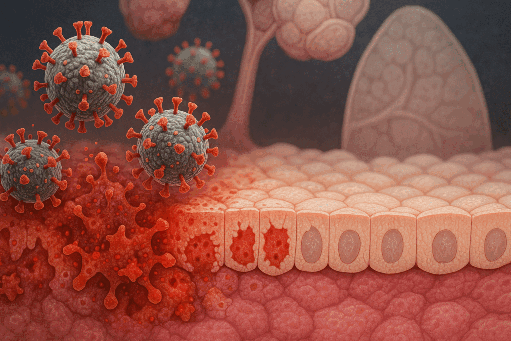 Microscopic view of SARS-CoV-2 attacking inflamed lung tissue, with healthy lung cells shown for contrast, illustrating covid cough relief challenges.