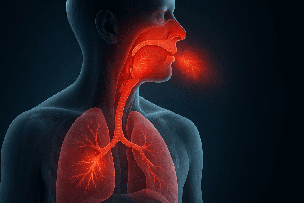 Side view of human respiratory system highlighting inflamed airways and nerve irritation, illustrating covid cough relief mechanism.