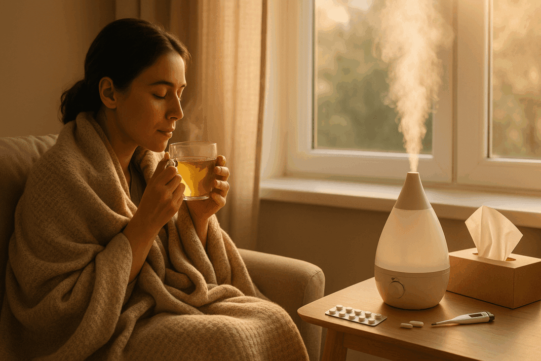 Woman wrapped in a blanket sipping herbal tea near a humidifier and medicine on a side table, illustrating a calm home setting for covid cough relief.